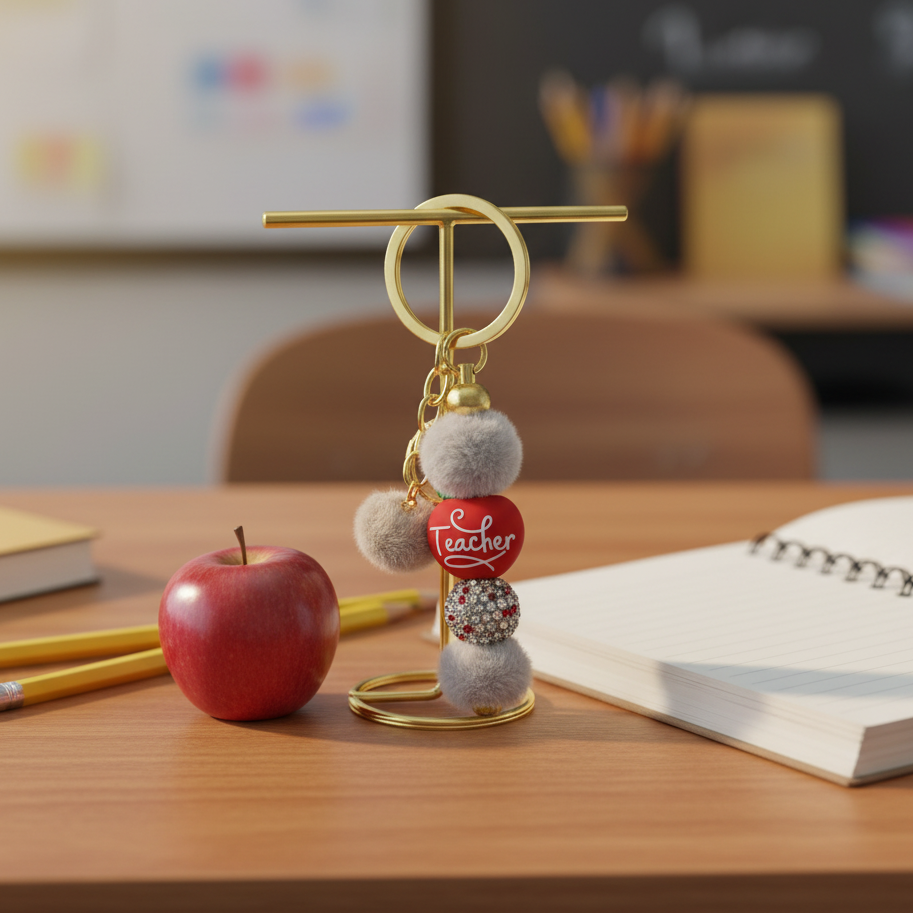 Teacher keychain with classroom scene on a desk