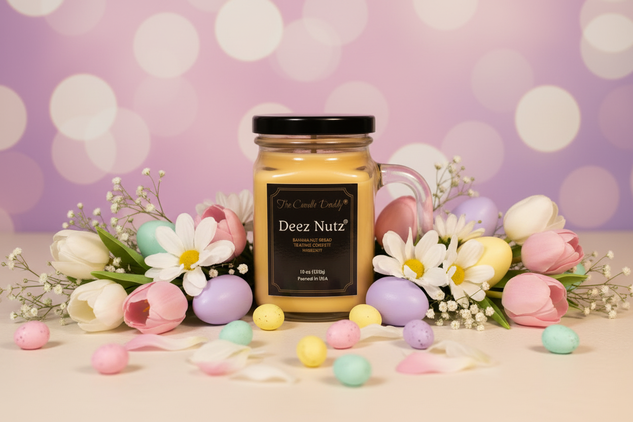 Jar of 'Deez Nutz' candle with Easter-themed decorations on a light purple background