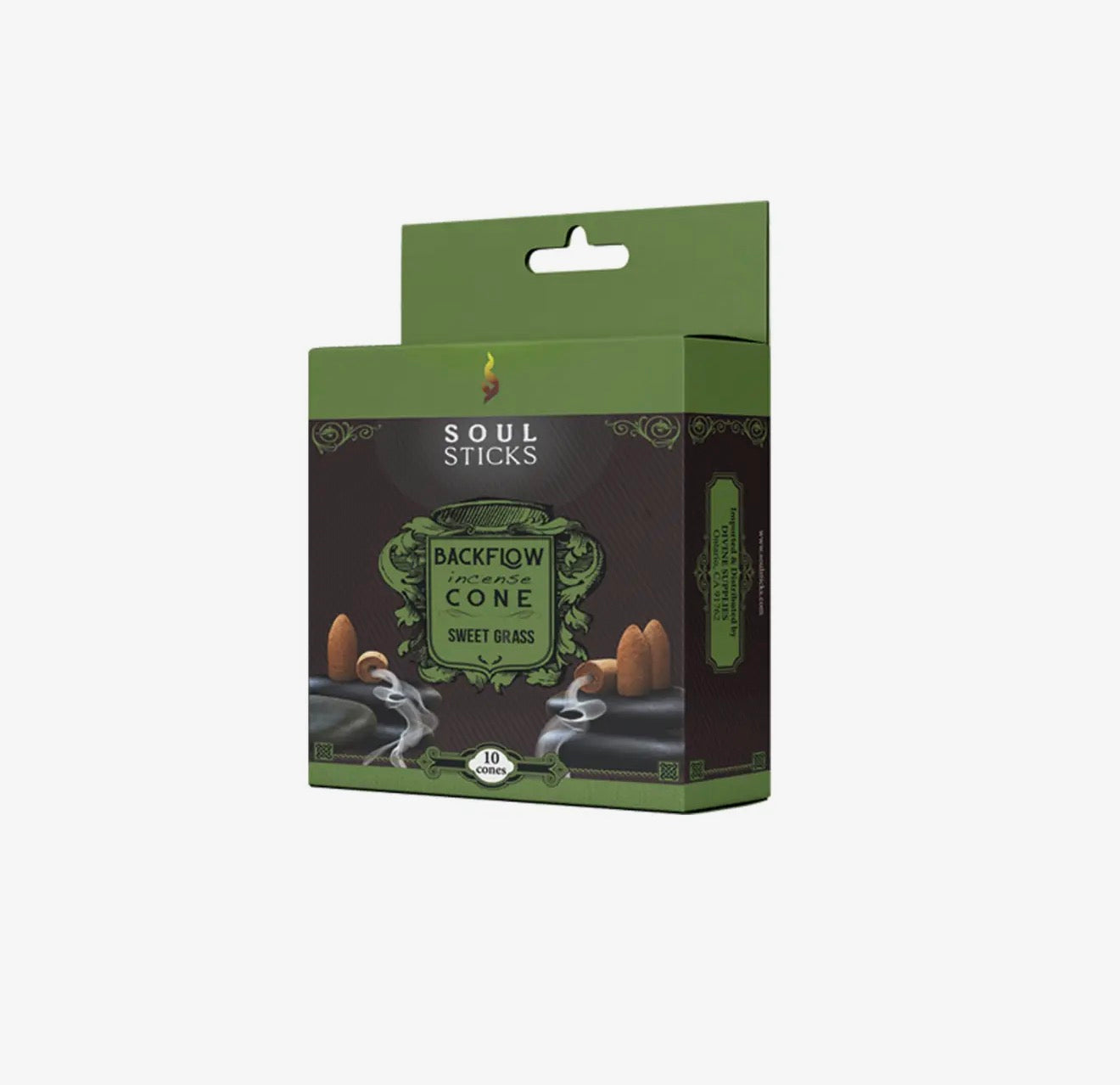 Soul Sticks sweet grass incense cones with green and black design on a white background