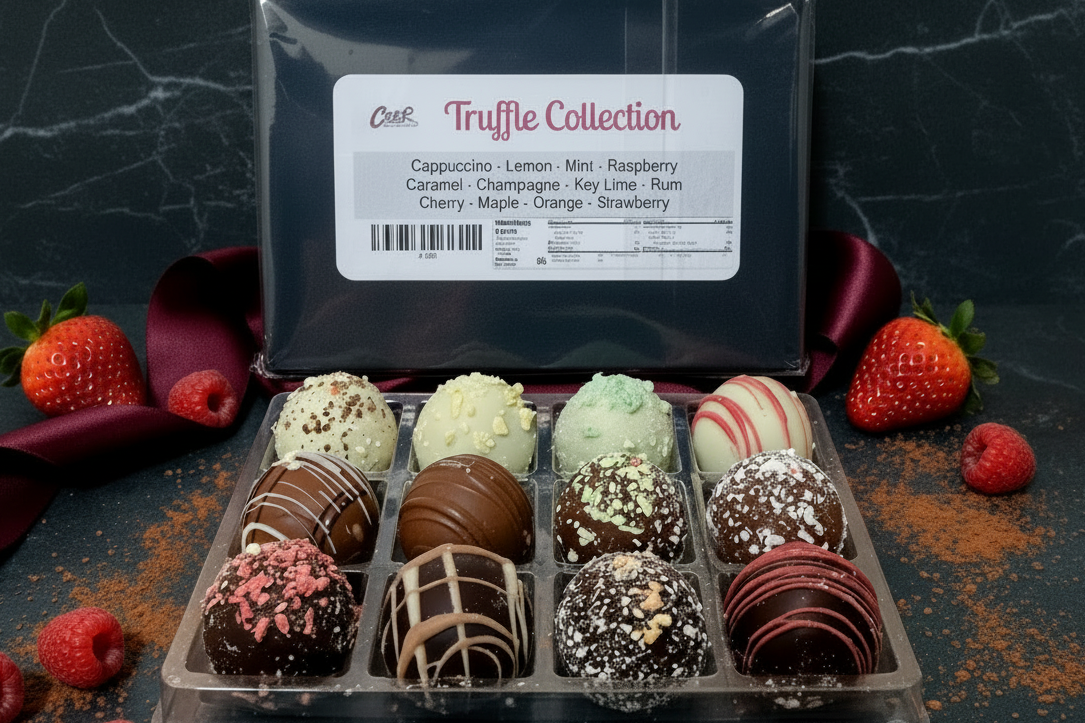 Truffle collection with a 'Truffle Collection' packaging on a dark surface with strawberries and a spoon.