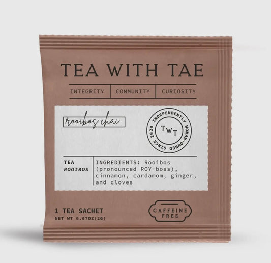 Tea sachet from 'Tea with Tae' on a white background