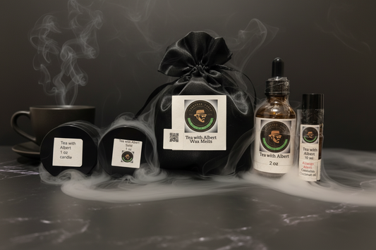 Wax melts and unisex botanical fragrance essential oils gift set with candle on a dark background