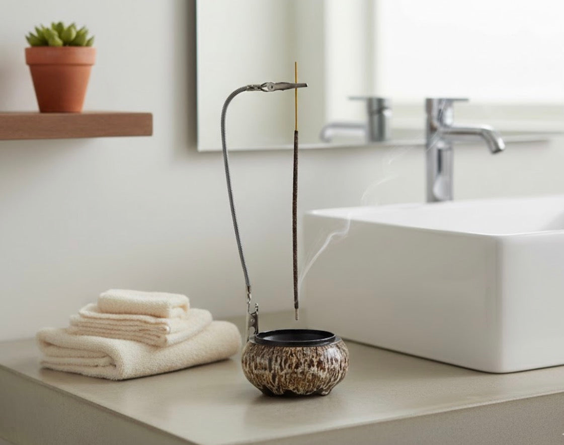 Bathroom setting with towels, incense burner, and a sink.