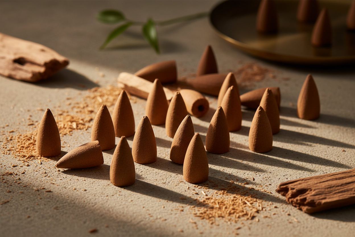 Incense cones on a sandy surface with cinnamon sticks and leaves in the background