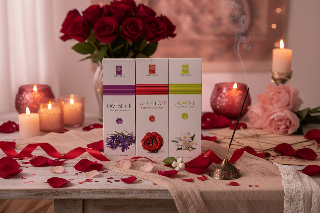 Three boxes of different scented candles on a romantic Valentine’s Day setting with candles and flowers.
