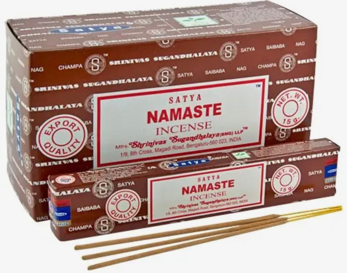 Satya Namaste incense with a few sticks on a white background