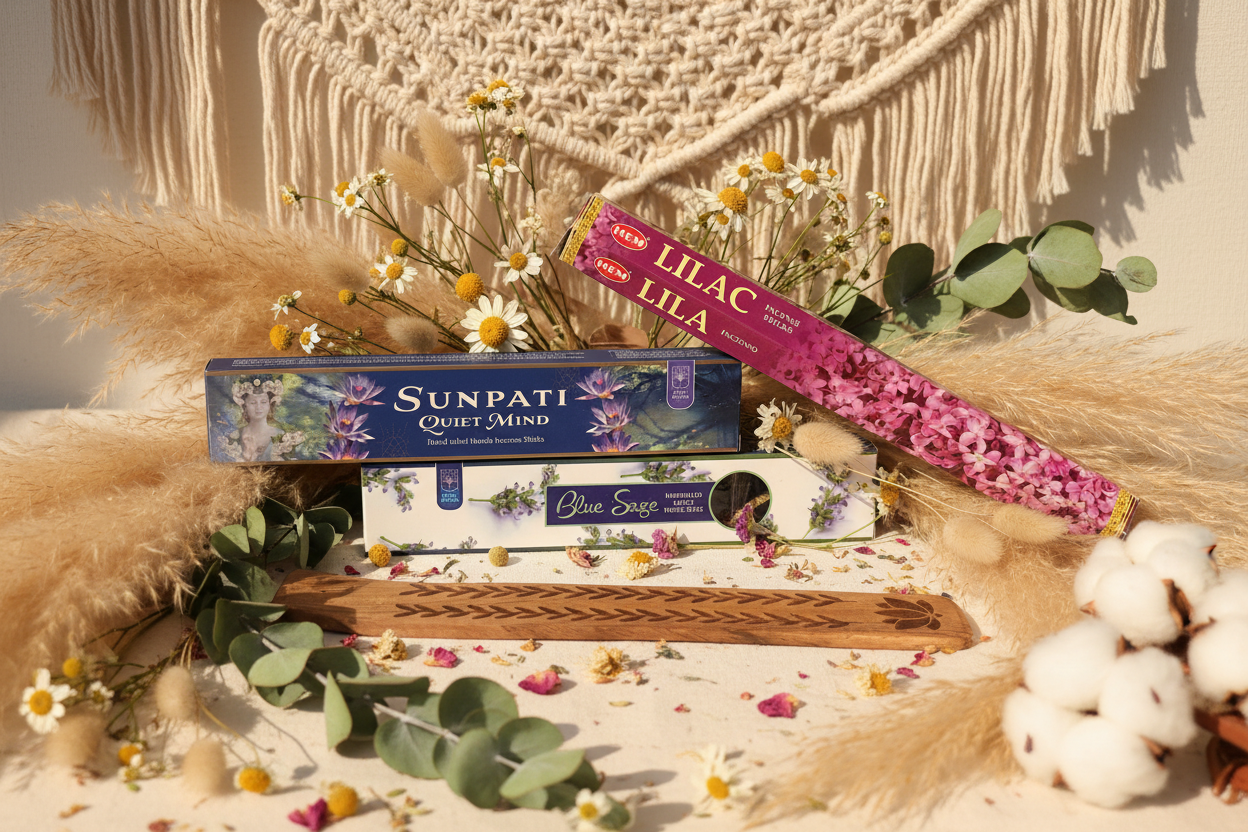 Stack of incense boxes with decorative elements on a neutral background. Ethereal by Lez. 