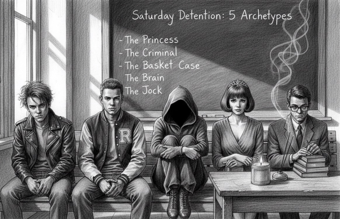 Illustration of five students in a classroom setting with a blackboard listing archetypes. Fragrance Set. Incense and Candle, ash catcher and wine glass charm. 