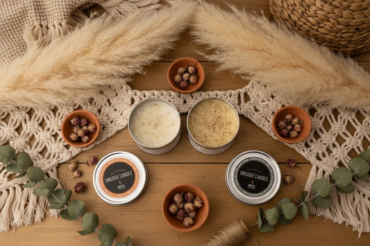 Smidge Candle containers on a wooden surface with decorative elements