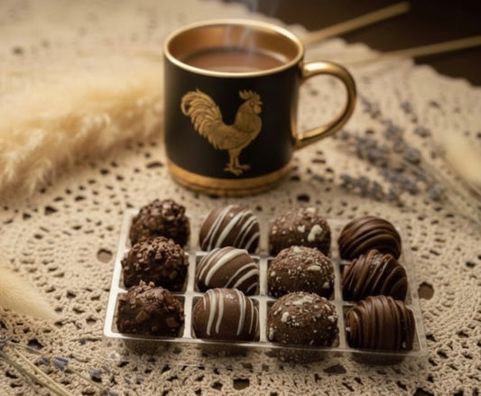 Mug with rooster design and chocolate truffles on a lace tablecloth premium coffee