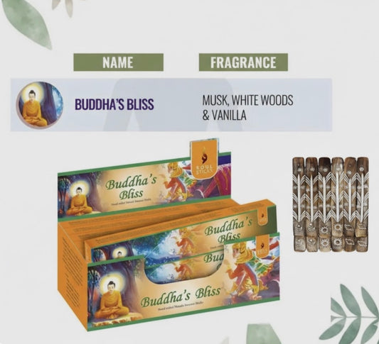 Buddha's Bliss incense packaging with incense sticks on a light background