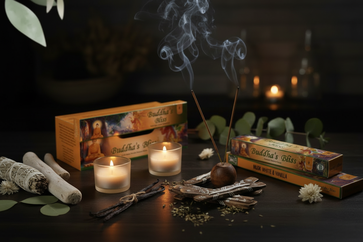 Soul Sticks Buddha’s Bliss 100% natural incense sticks with smoke, candles, and boxes on a dark surface with a blurred background. 