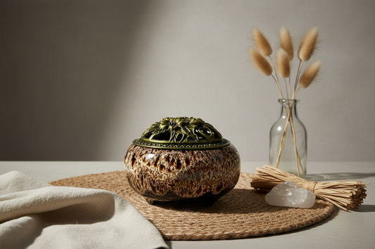Decorative incense burner with a vase of dried plants on a textured surface.