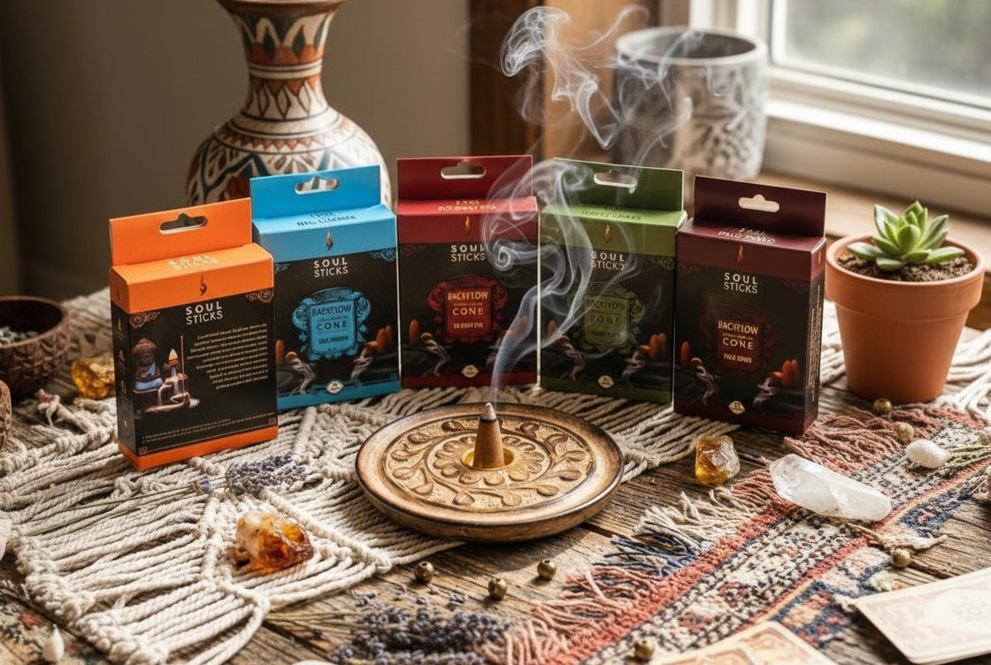 Collection of Soul Sticks cones with a smoking incense stick on a decorative mat.