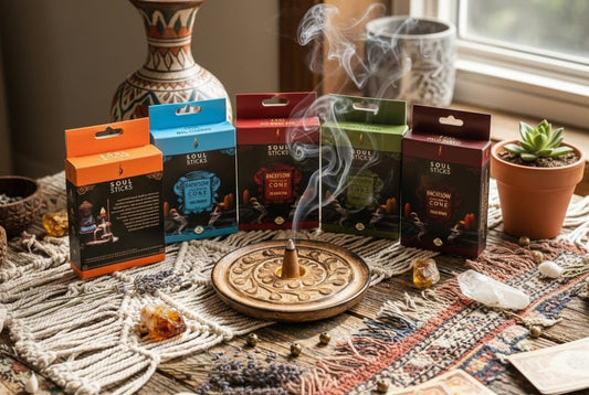 Collection of Soul Sticks cones with a smoking incense stick on a decorative mat.