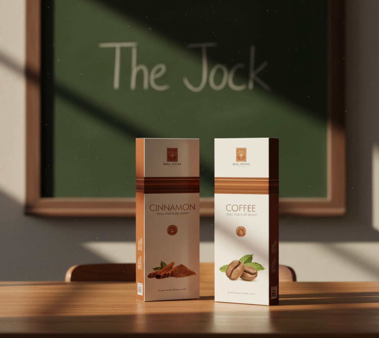 Two incense boxes labeled 'Cinnamon' and 'Coffee' on a wooden surface with a blurred background.