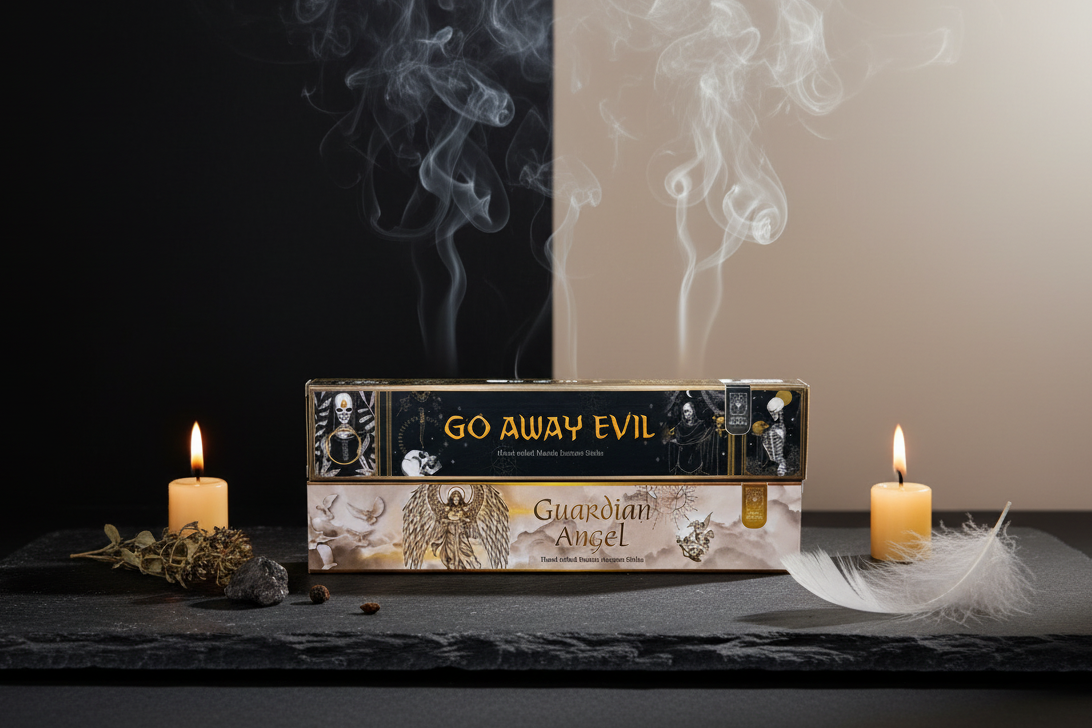 Incense stick box labeled 'Go Away Evil' and “Guardian Angel” with candles and smoke on a dark surface