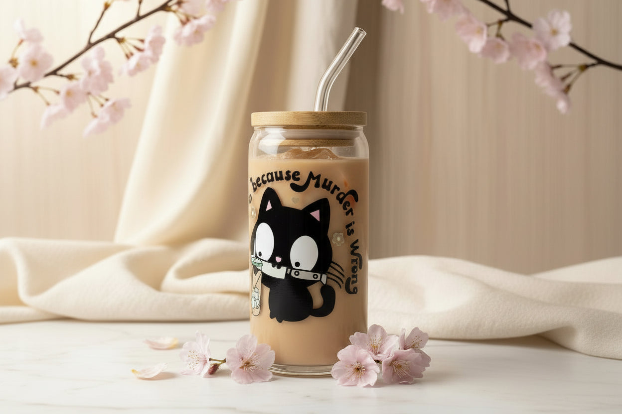 Glass tumbler with a cat design and straw, surrounded by cherry blossoms on a neutral background