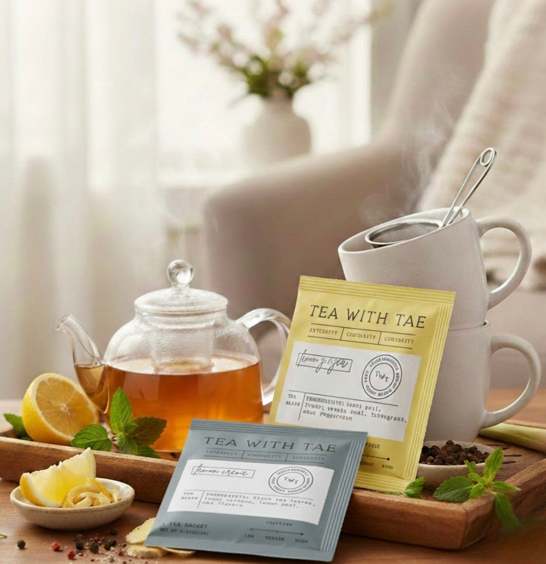 Tea-making setup with teapot, lemon, and 'Tea with Tae' packages on a wooden tray.