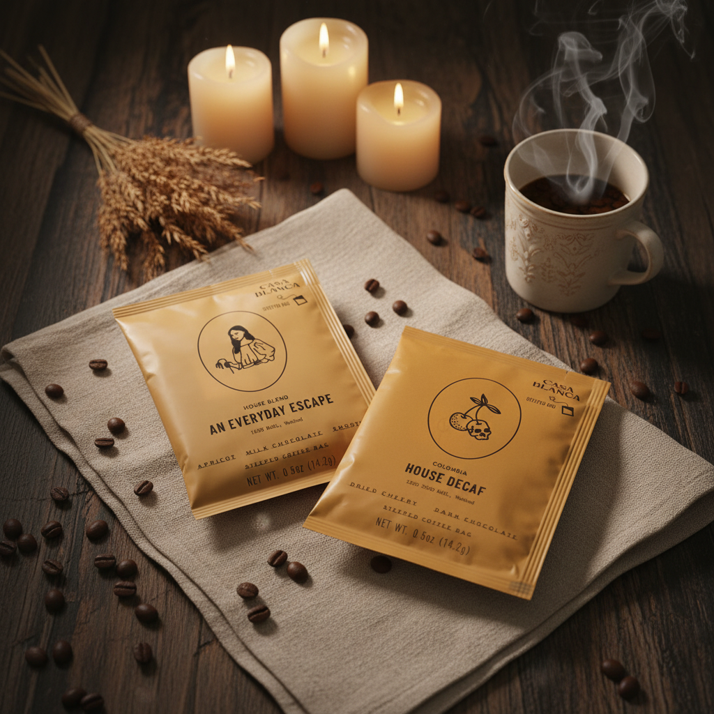 Two steeped coffee packages labeled 'An Everyday Escape' and 'House Decaf' on a wooden surface with candles and a steaming cup of coffee.