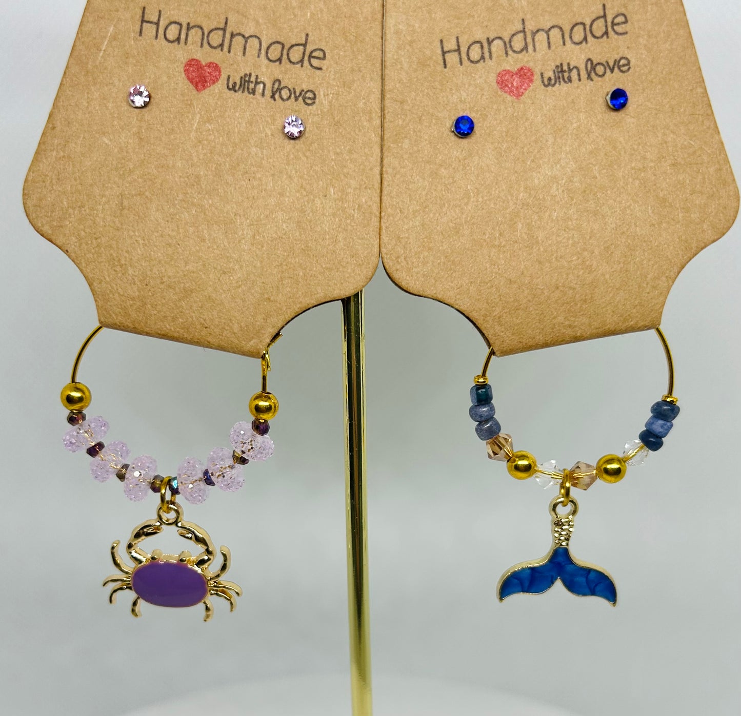 Wine Glass Charm Set - Mermaid Tail & Crab with Bonus Earrings •2 Piece Set!