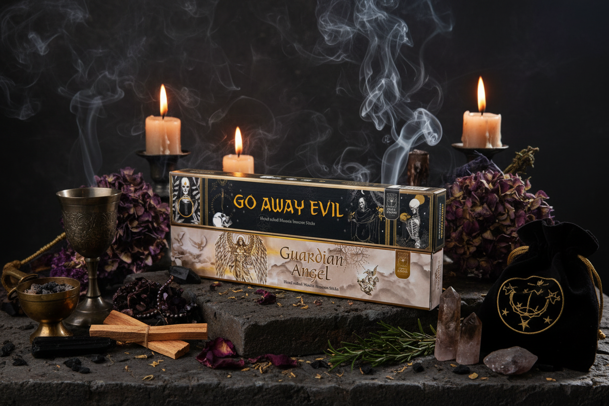 Incense box labeled 'Go Away Evil' and “guardian angel” with candles and mystical elements on a dark background