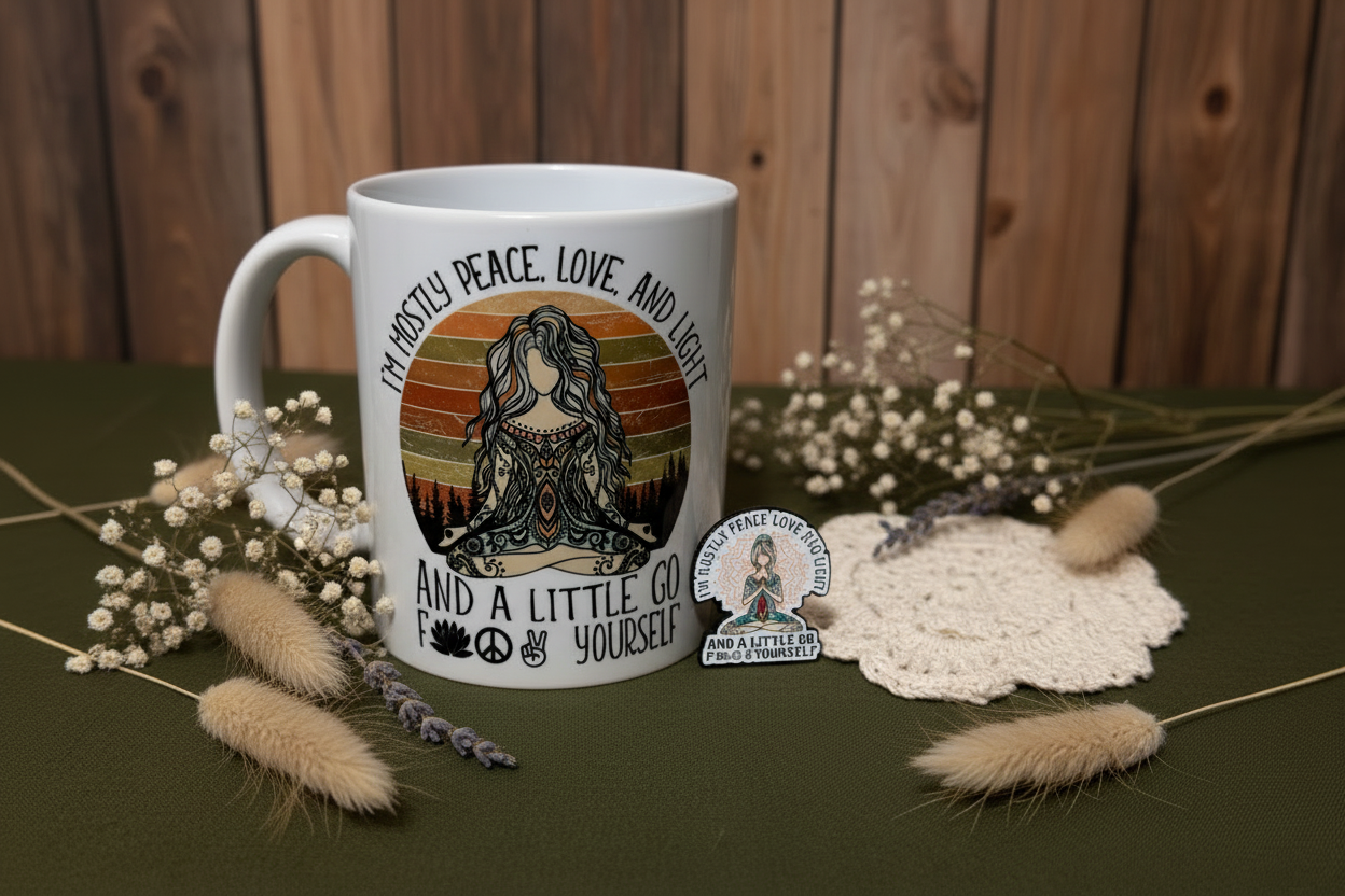 Meditating woman on a mug with text and a PIN On an olive green tablecloth with dried flowers