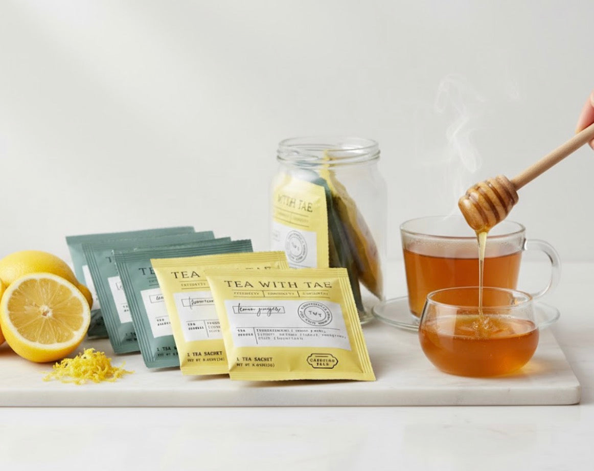 Tea with Tae Tea packaging with lemon slices and a glass of tea being sweetened with honey on a white surface.