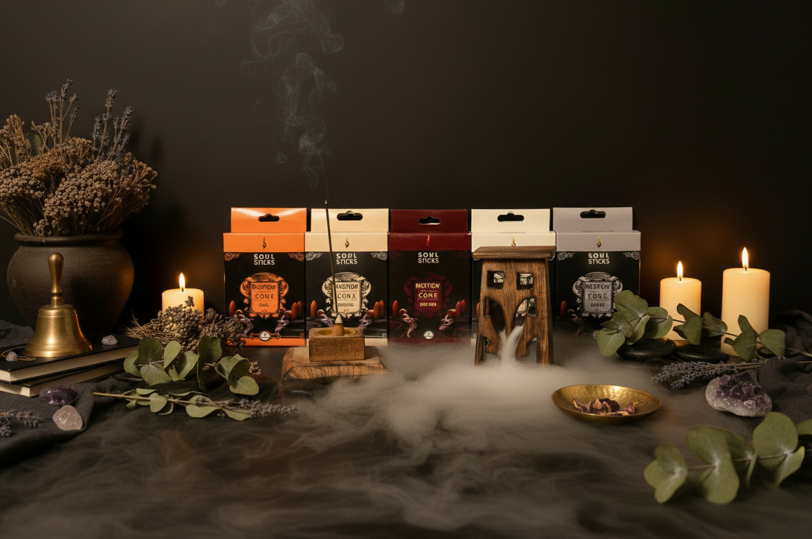 Soul Sticks incense with incense burner tower and candles on a dark background