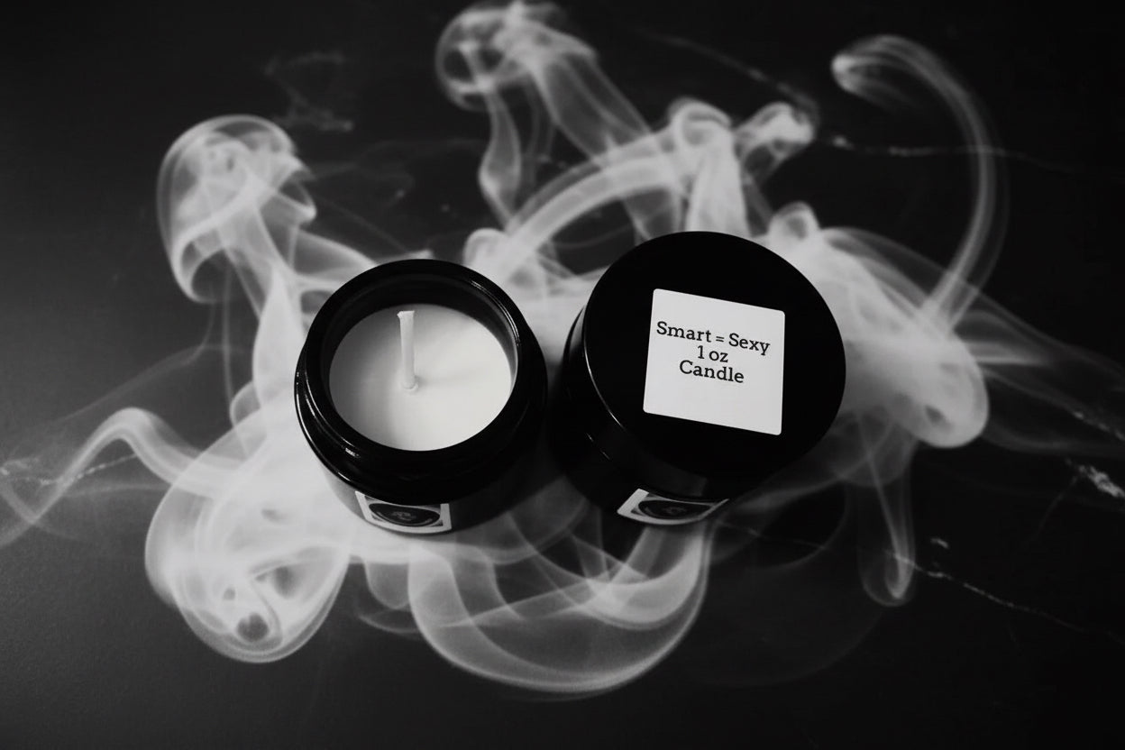 Two candles with labels on a black background with smoke effect
