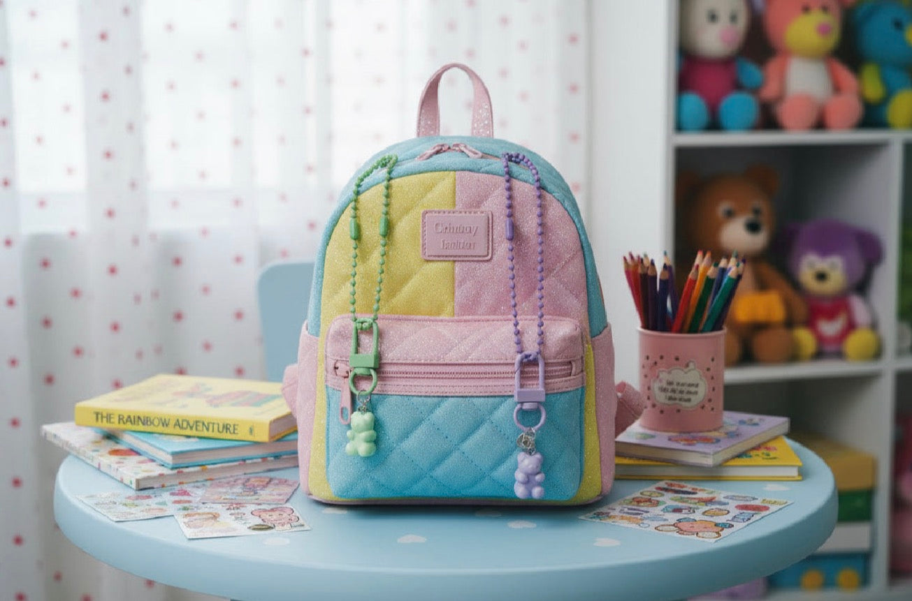 Pastel-colored backpack with gummy bear charms on a small round table with books and stationery items in a room.