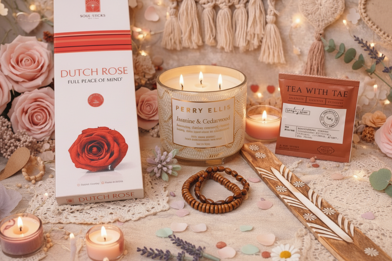 Ritual set featuring candles, tea, incense, and jewelry with incense holder surrounded by flowers and boho designs 