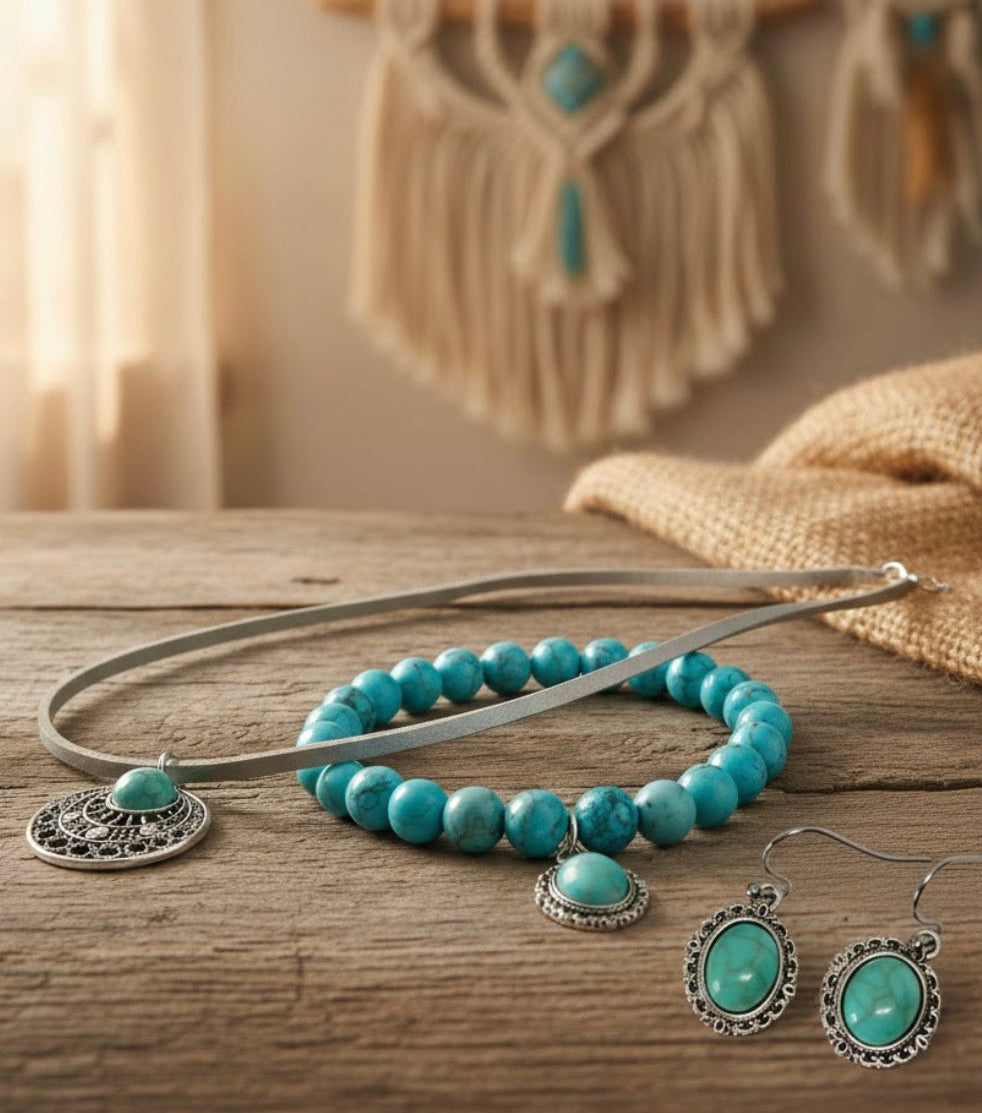 Turquoise beaded bracelet, necklace and earrings on a wooden surface with decorative background