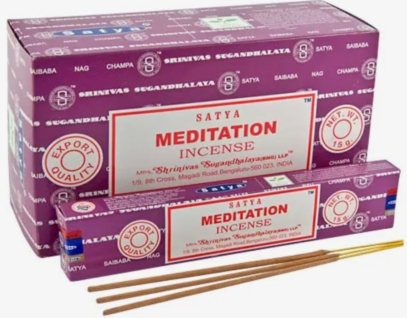 Satya Meditation incense packaging with sticks on a white background