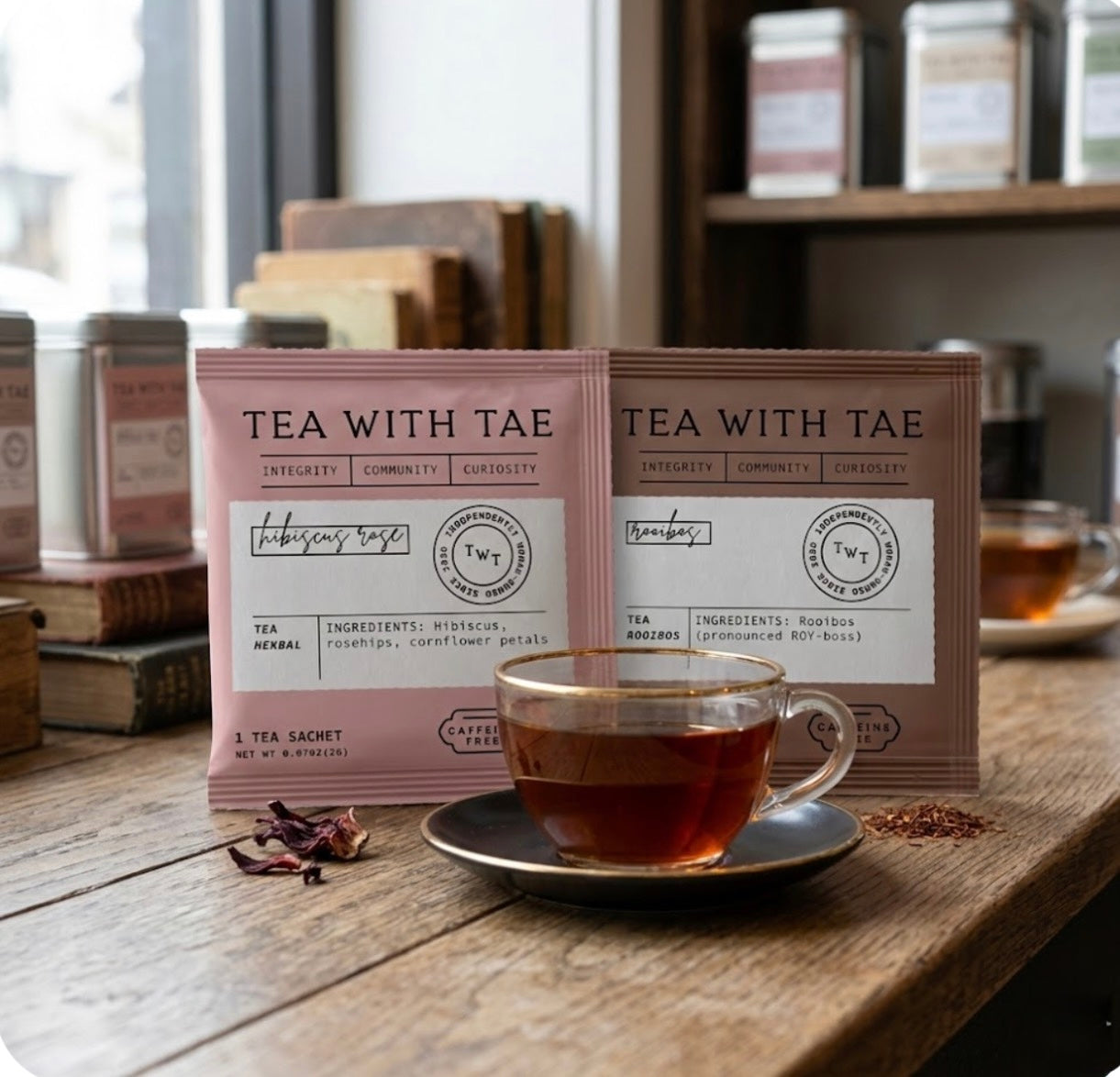Tea with Tae packaging with a cup of tea on a wooden table