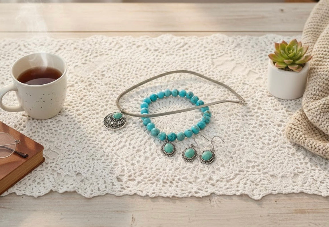 Turquoise stone beaded bracelet with silver charm on a white crocheted tablecloth with a cup of tea, book, and plant in the background.