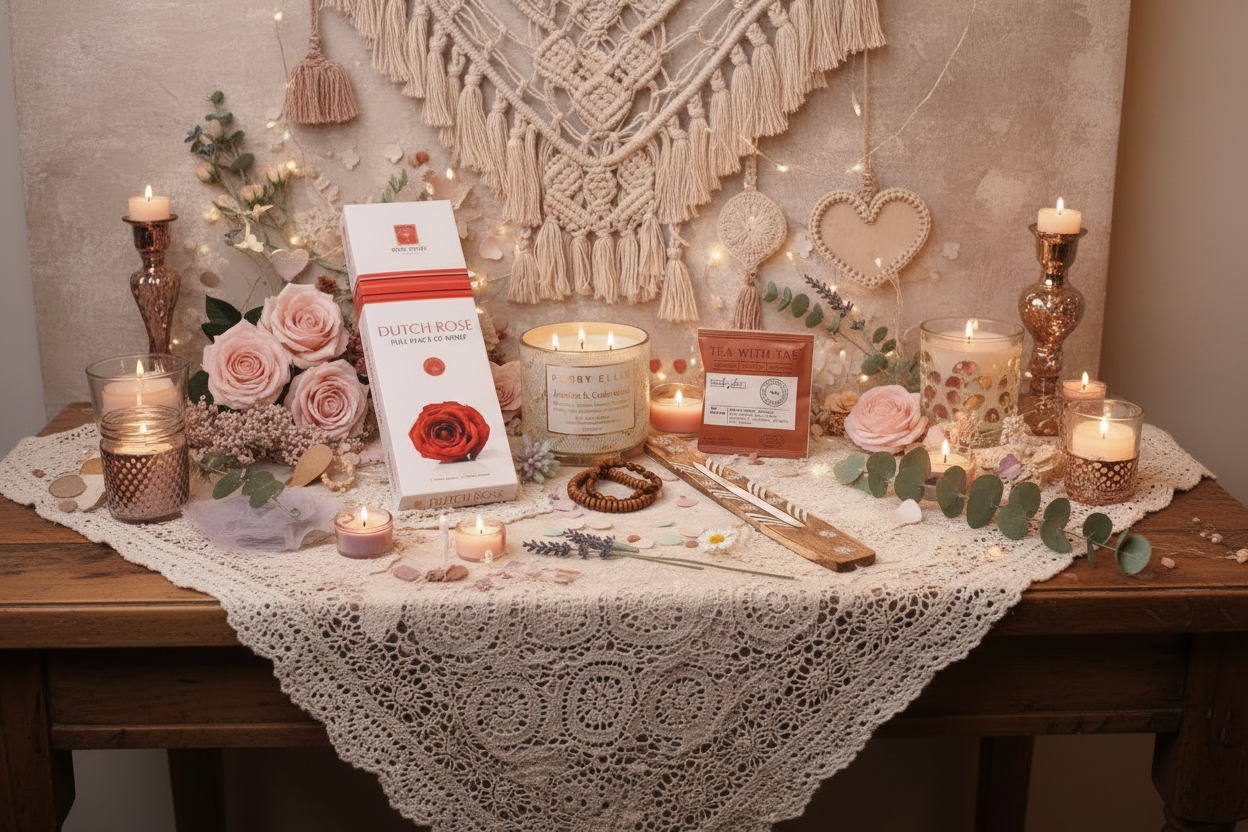 Ritual set featuring incense, lit candles, jewelry, incense holder and floral items on boho luxe background 