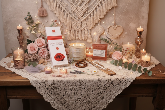 Ritual set featuring incense, lit candles, jewelry, incense holder and floral items on boho luxe background 