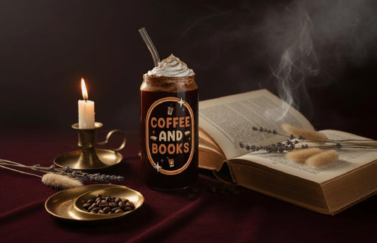 Can Glass 'Coffee and Books' with a candle, book, and lavender on a dark surface