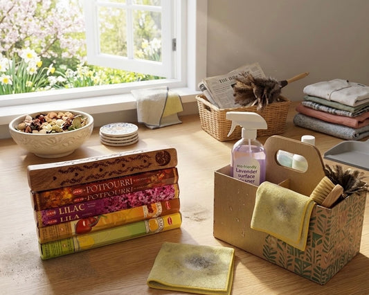 Spring cleaning incense kit on a wood table with cleaning supplies 