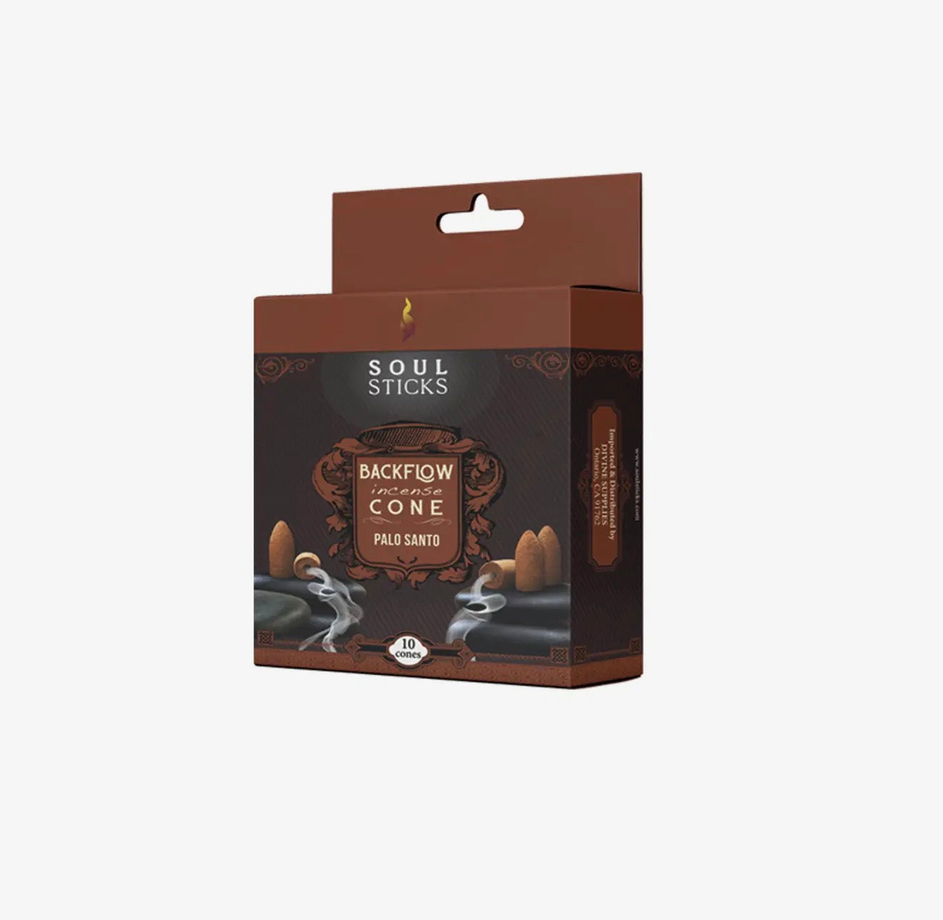 Box of Backflow Incense Cone Palo Santo with 'Soul Sticks' branding on a white background
