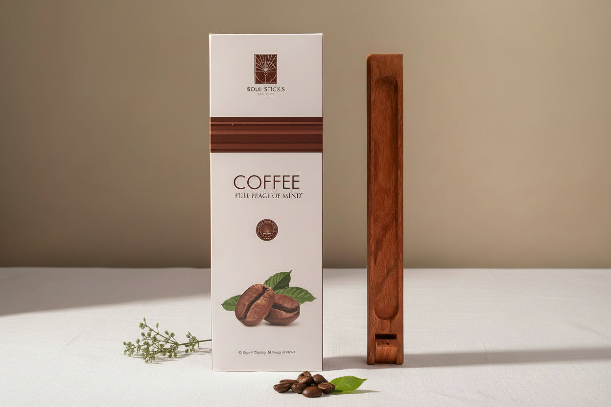 Coffee incense packaging with wooden adjustable burner on a neutral background
