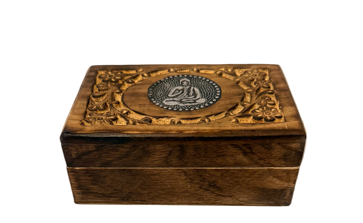 Wooden Buddha box with intricate carvings and a central emblem on a white background