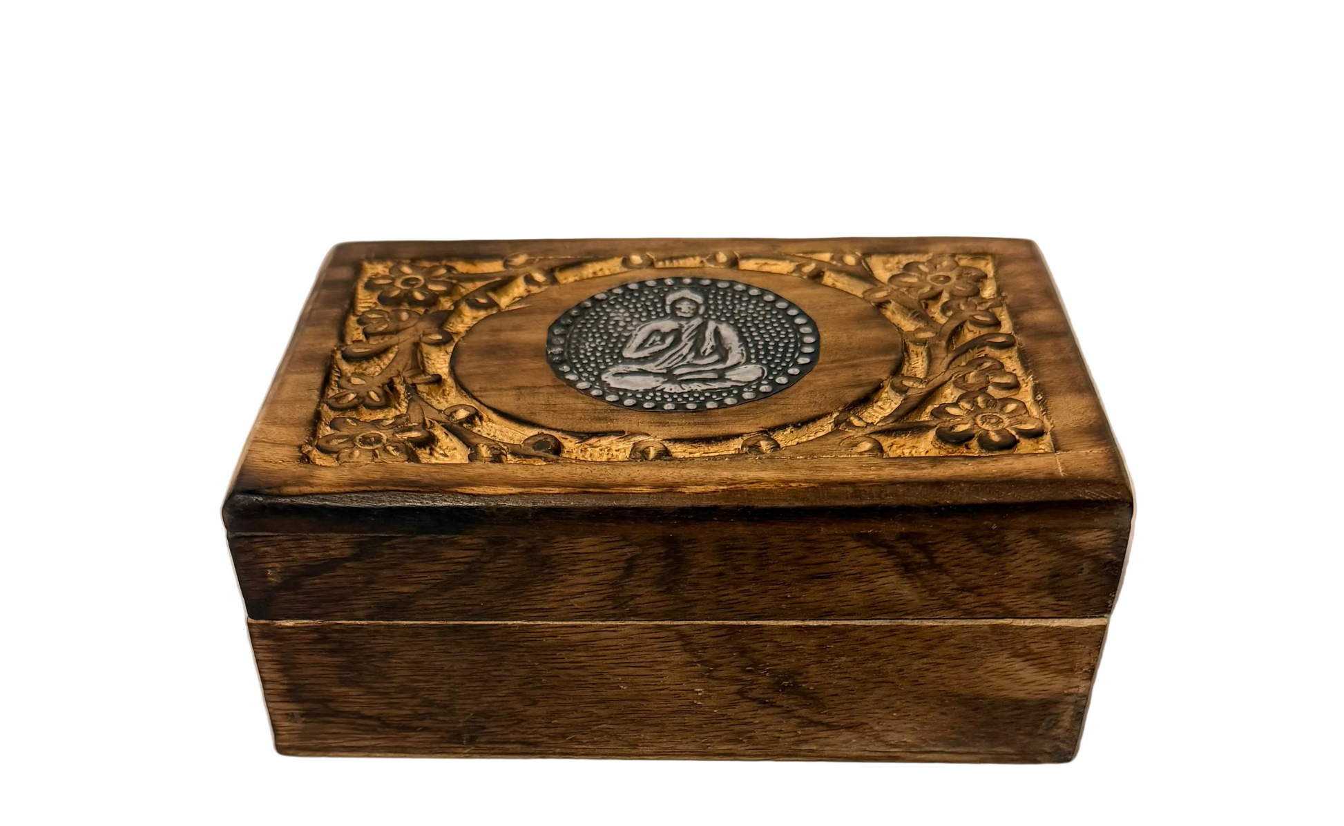 Wooden Buddha box with intricate carvings and a central emblem on a white background