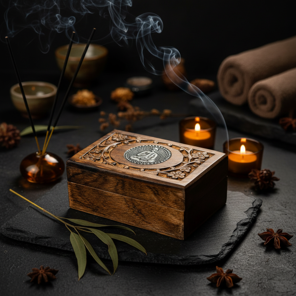 Decorative Buddha wooden box with incense sticks, candles, and star anise on a dark surface