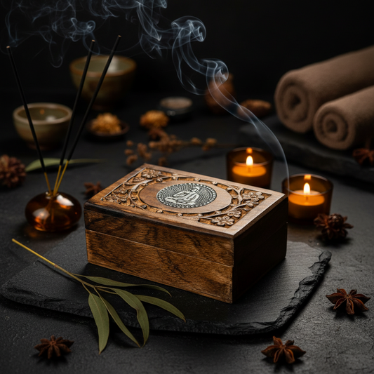 Decorative Buddha wooden box with incense sticks, candles, and star anise on a dark surface