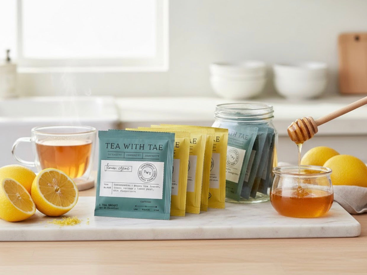 Tea with Tae packaging with lemons and honey on a kitchen counter