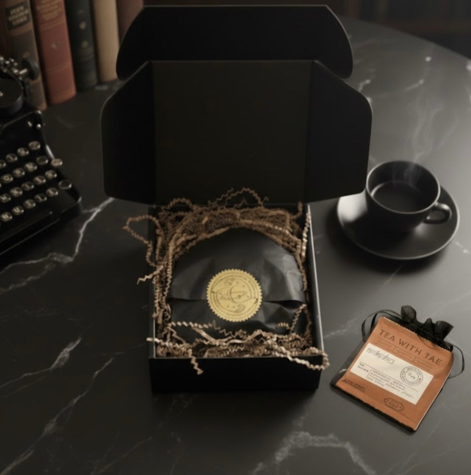 Tea with Tae package and black box gold label unisex fragrance gift set on a dark surface with a cup of tea 