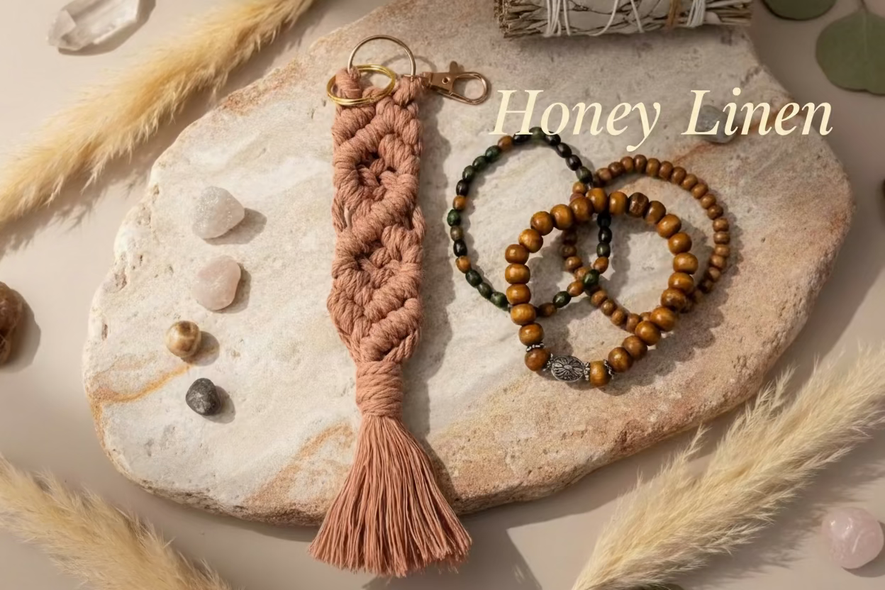 Macrame keychain and bracelet set on a stone surface with dried plants and stones.