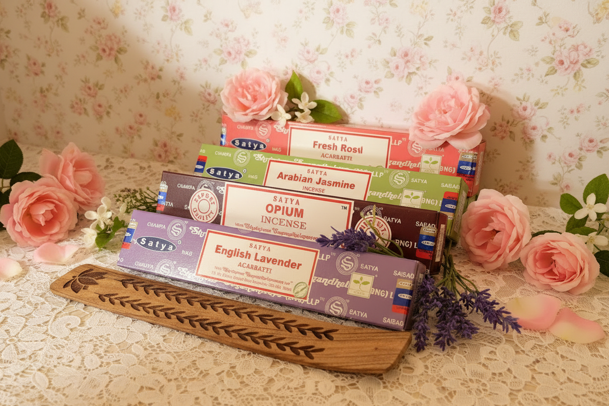 Stack of Satya incense boxes on a wooden tray with flowers against a floral wallpaper background. Ethereal by Lez. 